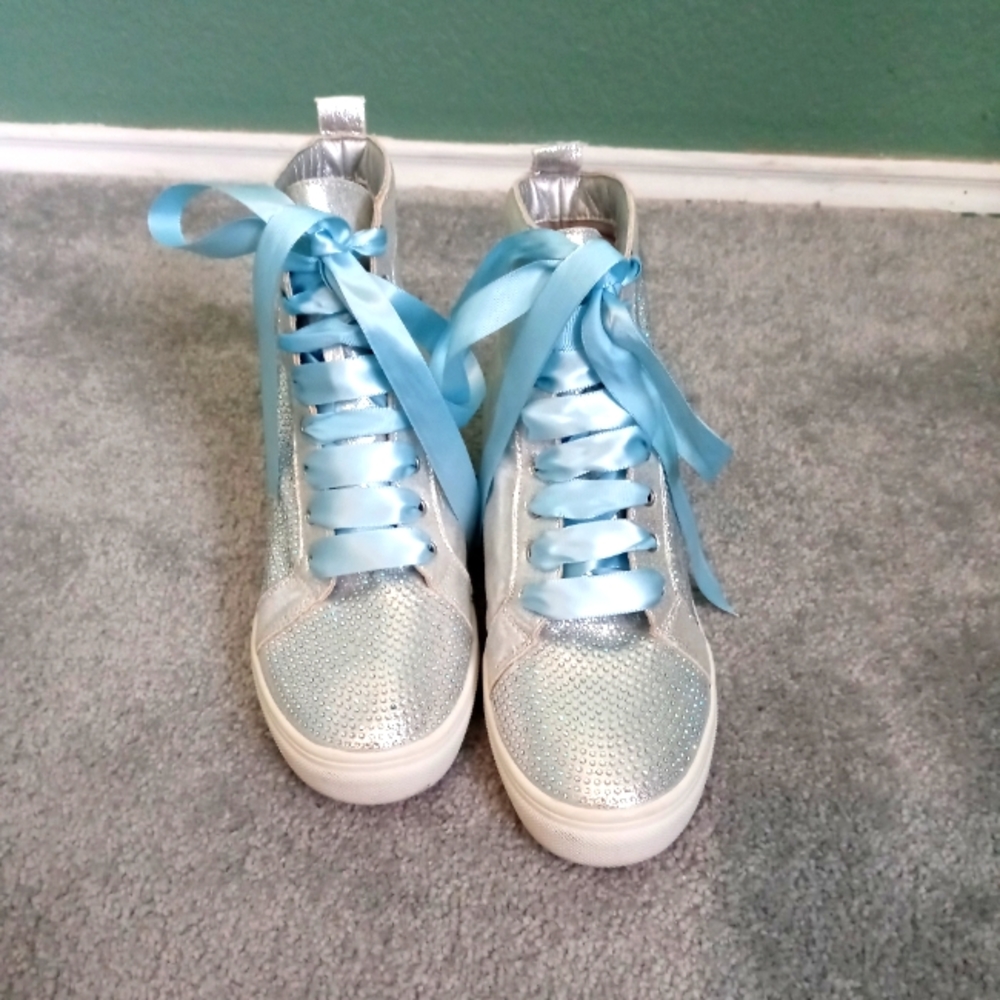 Baby Blue Lace Rhinestone Wedge Boots